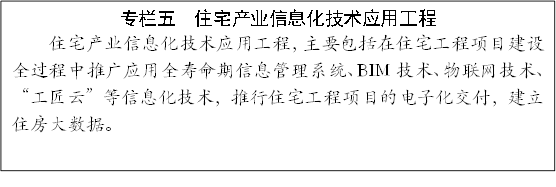 專欄五 住宅產(chǎn)業(yè)信息化技術(shù)應(yīng)用工程
住宅產(chǎn)業(yè)信息化技術(shù)應(yīng)用工程,主要包括在住宅工程項目建設(shè)全過程中推廣應(yīng)用全壽命期信息管理系統(tǒng)、BIM技術(shù)、物聯(lián)網(wǎng)技術(shù)、“工匠云”等信息化技術(shù),推行住宅工程項目的電子化交付,建立住房大數(shù)據(jù)。